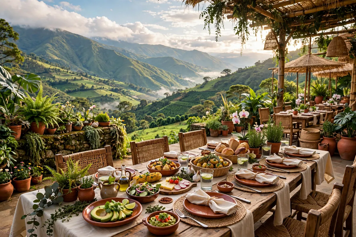 A rustic terrace set for a group