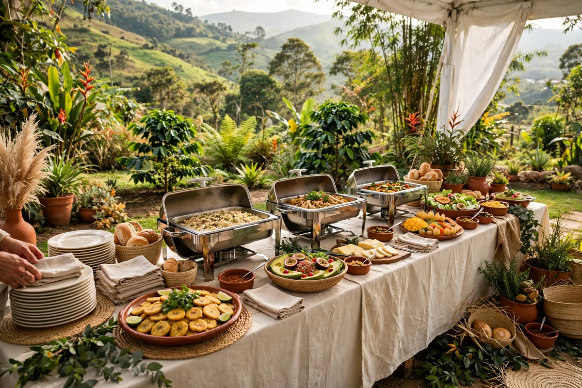 A catering buffet set up in a garden