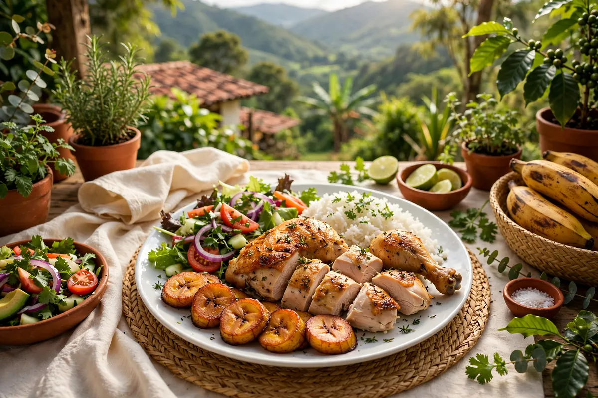 Roast chicken with rice and plantain