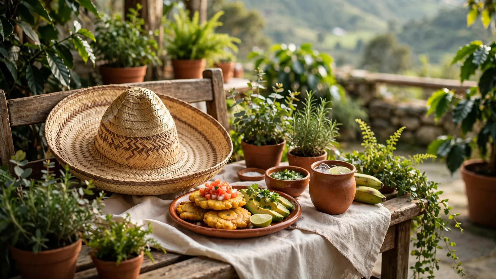 A woven hat on a terrace bench